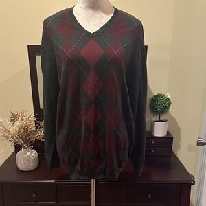 Claiborne V-Neck Argyle Sweater - Forest Green & Burgundy